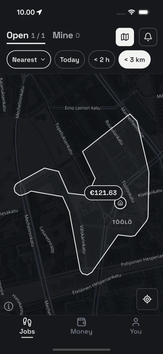 The Adgo app’s job map: an open job as an area, with its reward in euros.