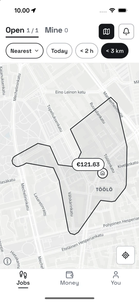 The Adgo app’s job map: an open job as an area, with its reward in euros.