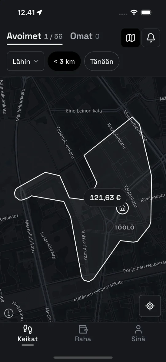 Adgo-sovelluksen Keikat-kartta: avoin keikka alueena ja sen palkkio euroina.