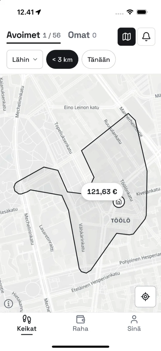 Adgo-sovelluksen Keikat-kartta: avoin keikka alueena ja sen palkkio euroina.