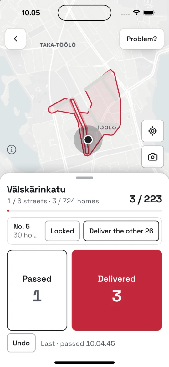 The route screen’s big Passed and Delivered keys.