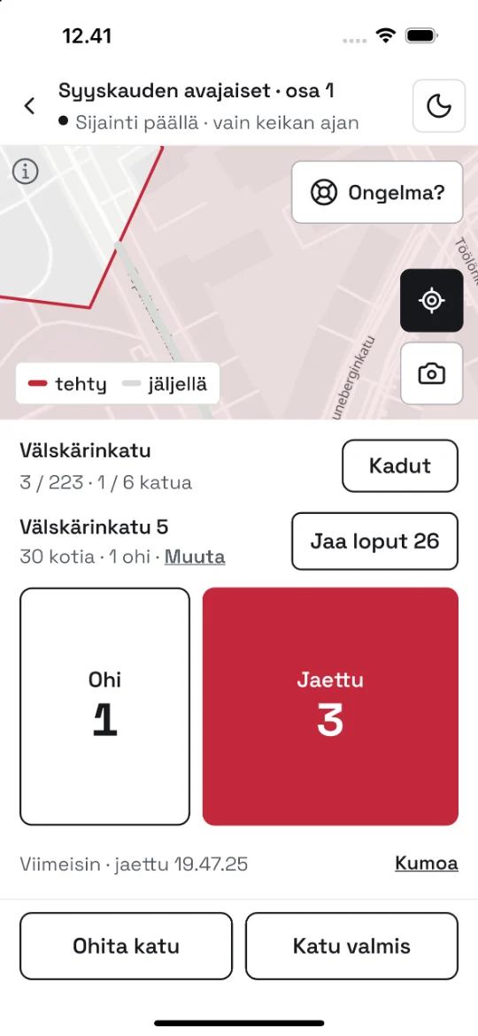 Reittinäkymän isot Ohi- ja Jaettu-napit.